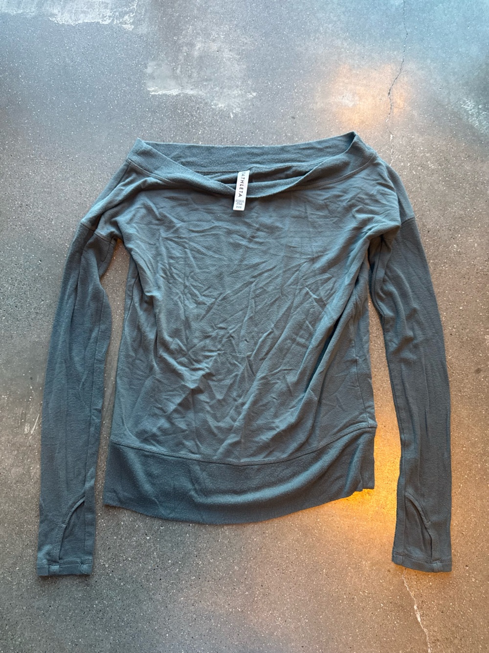 Athleta Long Sleeve Off-Shoulder Crew in Slate Grey Blue